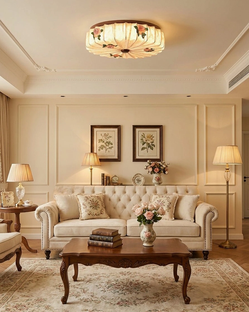 Maribelle flush mount ceiling light installed in French country living room creating soft ambient glow above vintage decor
