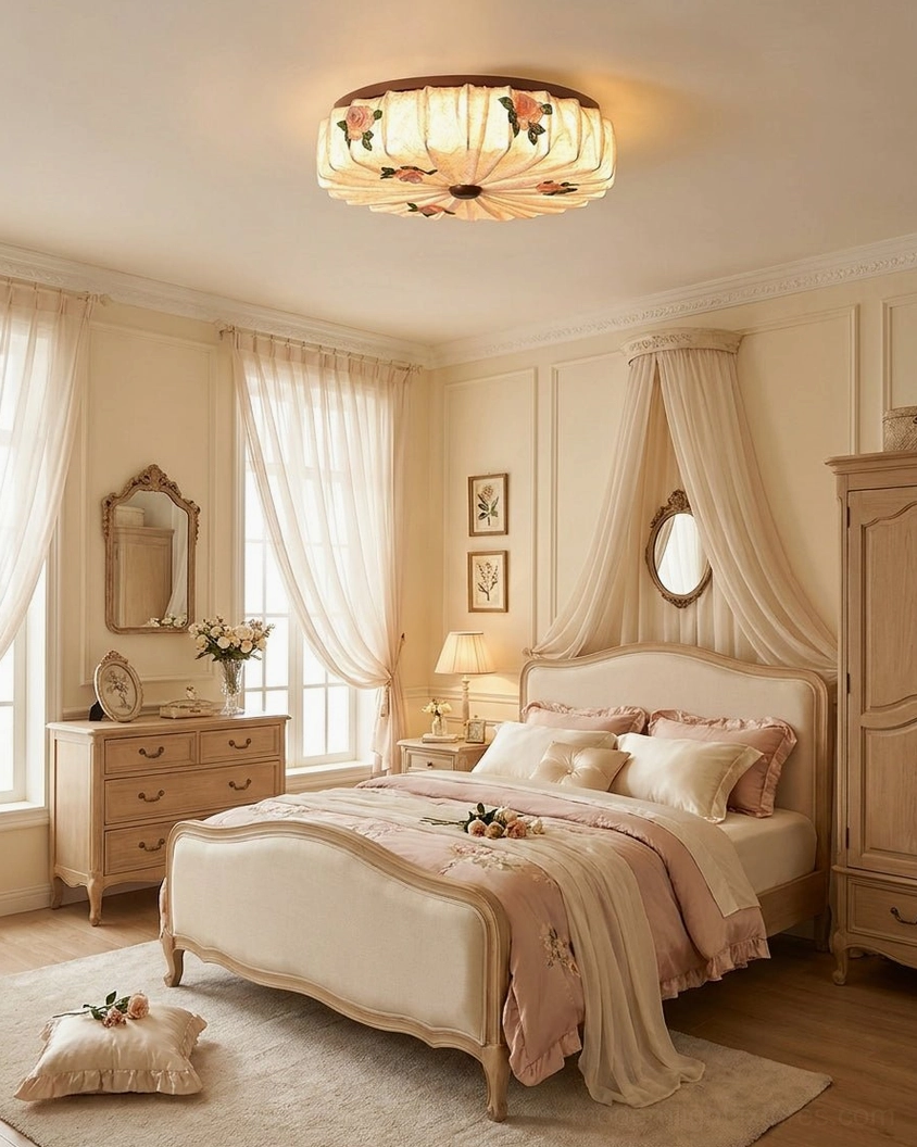 Romantic Maribelle pleated fabric flush mount in elegant French master bedroom creating intimate warm lighting atmosphere