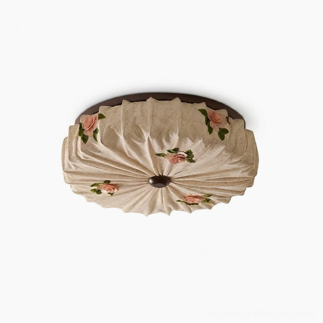 Maribelle pleated fabric flush mount ceiling light in walnut color and beige with warm white LED illumination