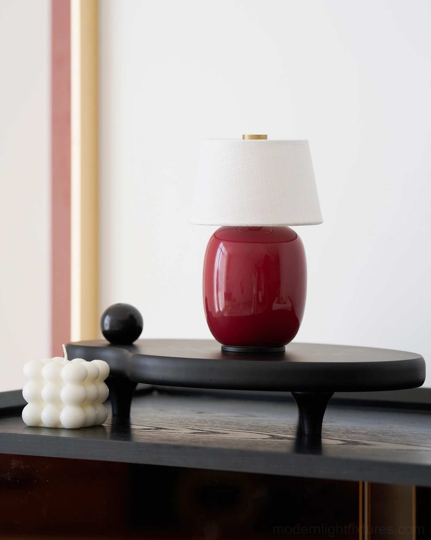 Modern Marie ceramic table lamp in three available color finishes – sand, black, and burgundy side-by-side comparison