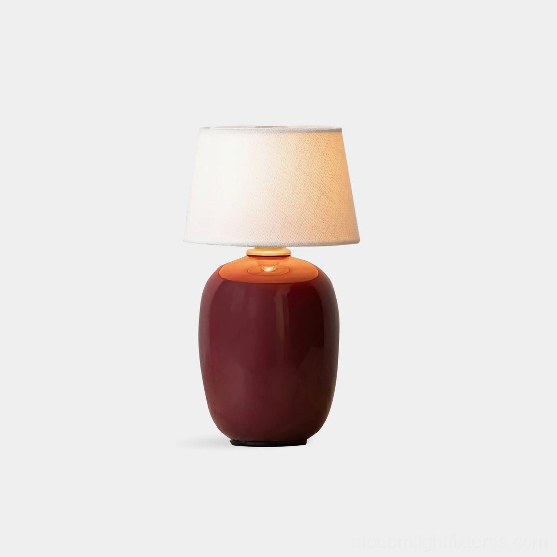 Marie ceramic table lamp with wine-red glazed base and beige fabric shade – front product view on white background