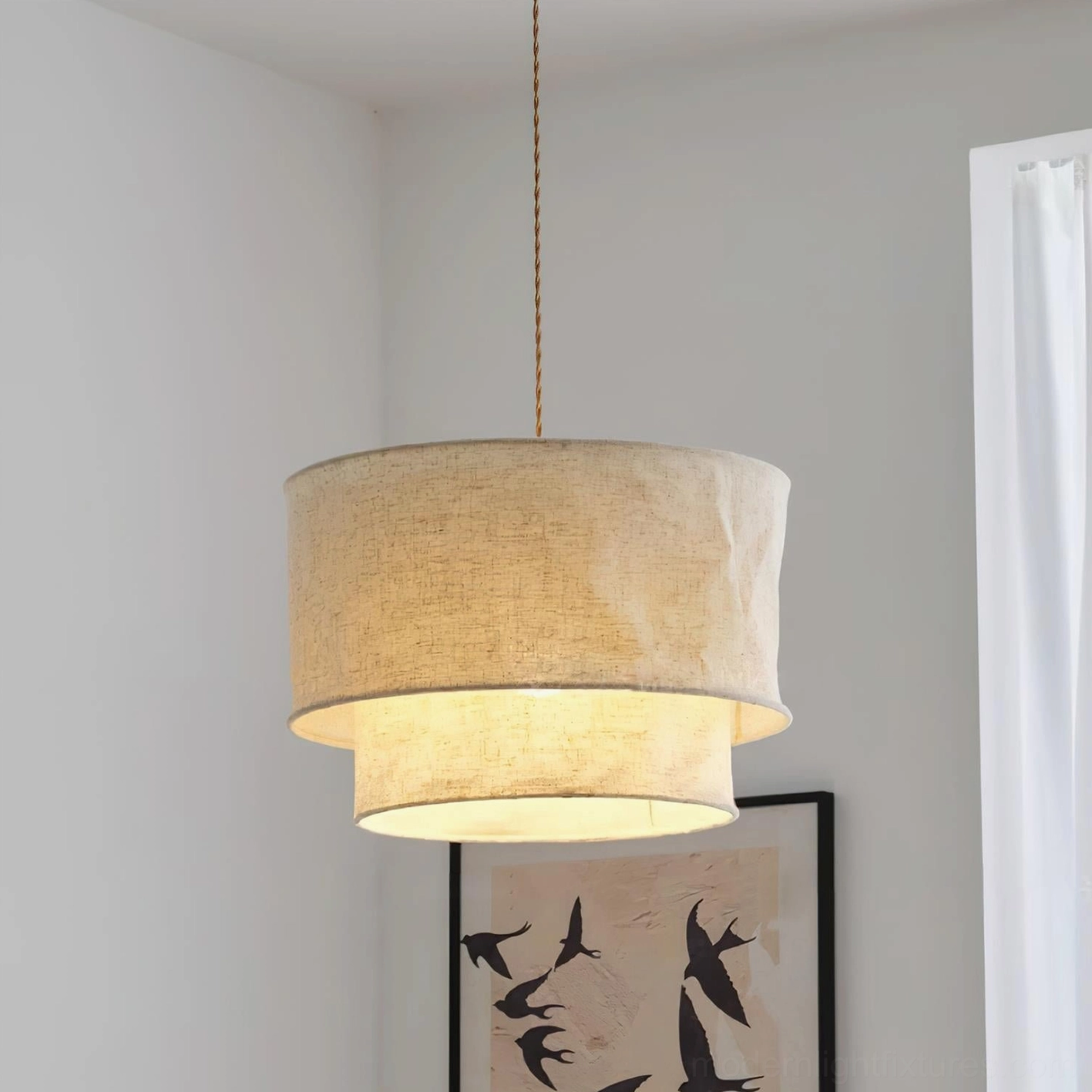 Double-layer crumpled linen fabric pendant shade with warm atmospheric lighting in home interior