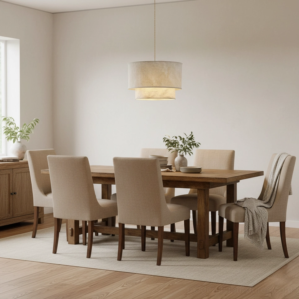 Double-layer fabric pendant light with warm glow in formal dining room with neutral wabi-sabi home style