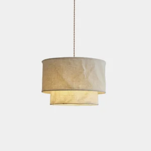 Mariela double-layer crumpled linen fabric pendant light with drum shade, front studio view on white background