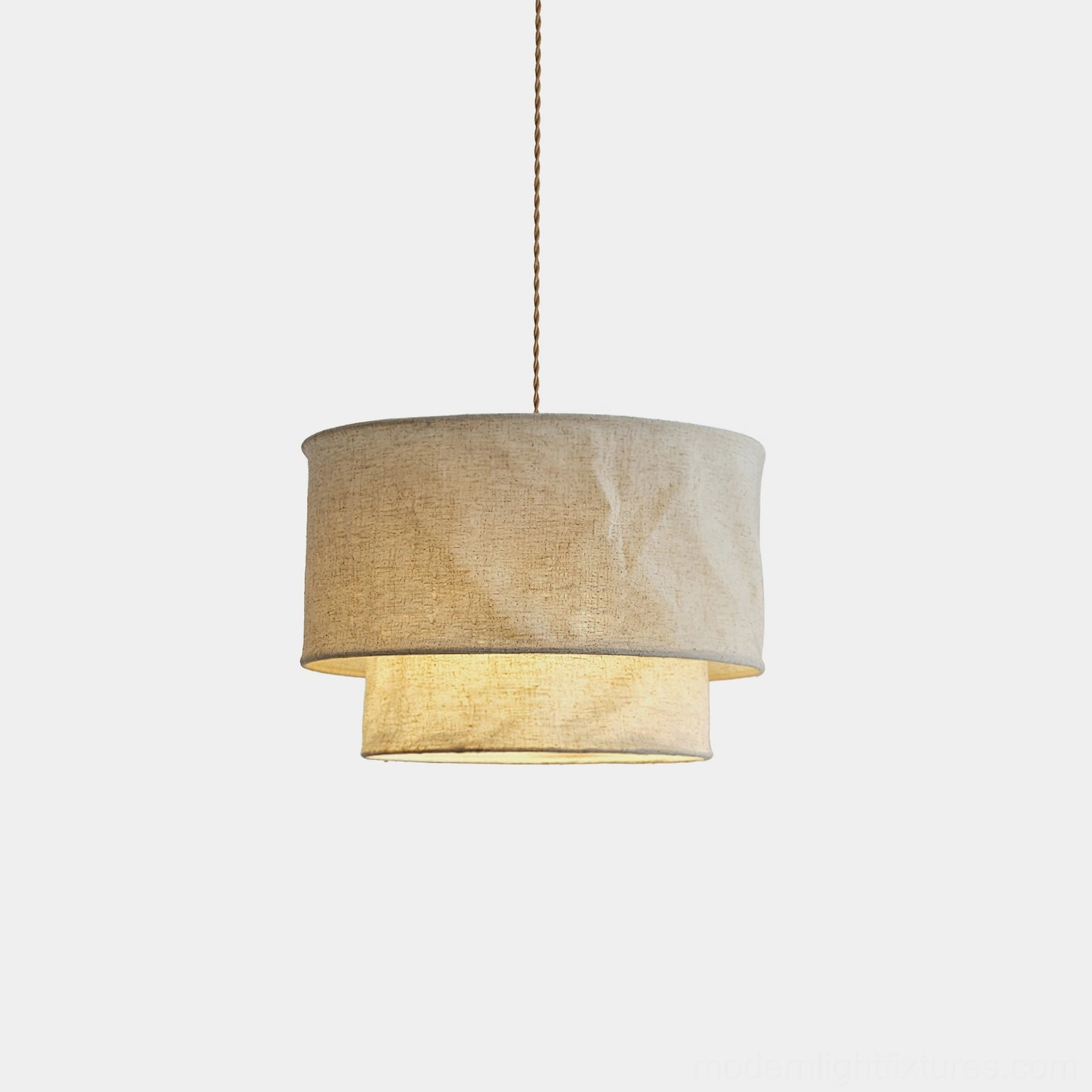 Mariela double-layer crumpled linen fabric pendant light with drum shade, front studio view on white background