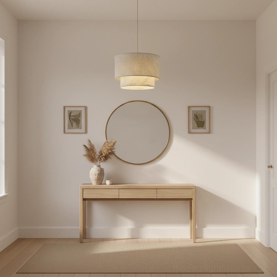 Two-tier linen fabric pendant lamp suspended in minimalist residential space with soft diffused lighting
