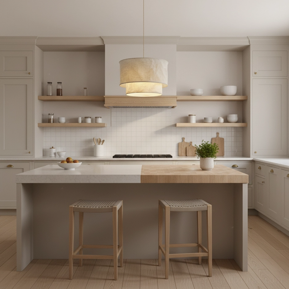 Two-tier linen fabric pendant light in modern open-plan kitchen dining area with minimalist aesthetic