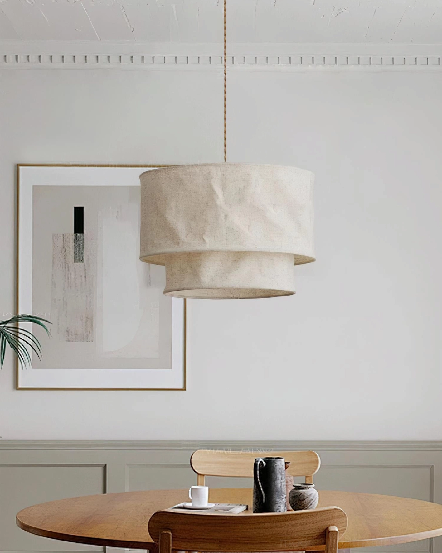 Double-layer textured linen fabric pendant light with off-white finish and twisted metal cord