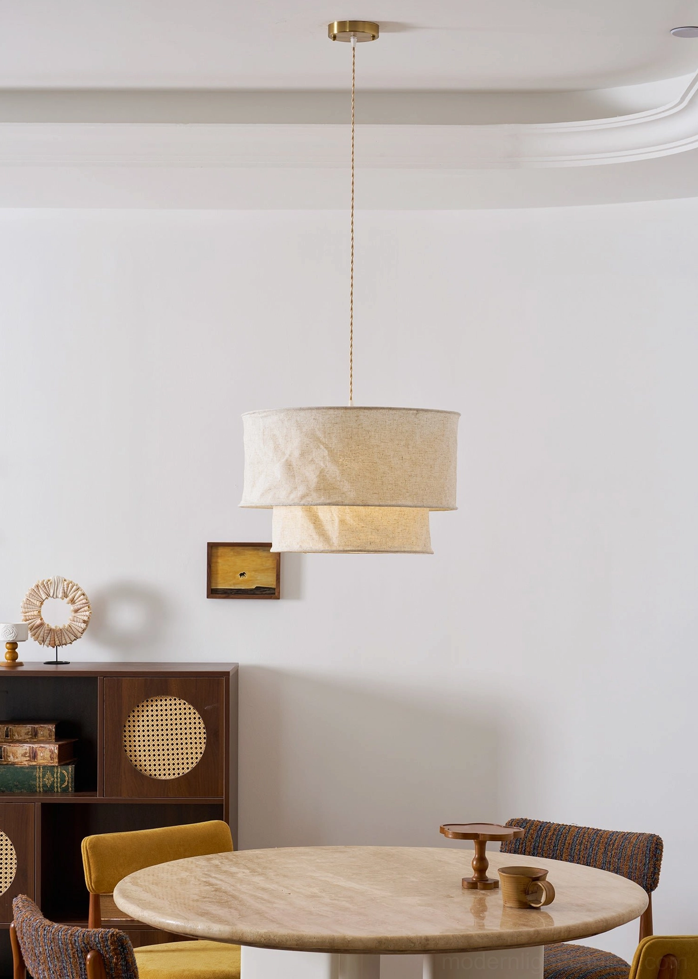 Mariela textured fabric pendant light suspended in modern interior showing scale and lighting effect