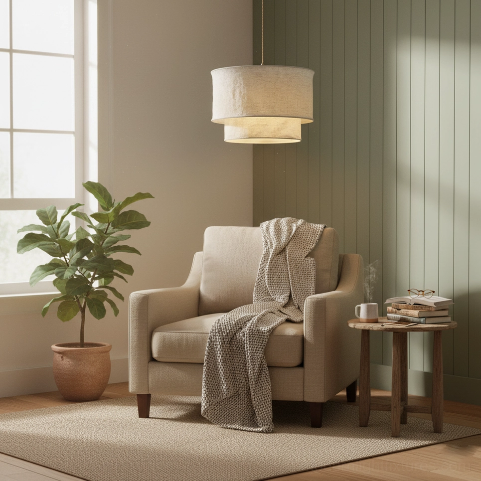 Double-layer crumpled fabric pendant light creating warm ambient illumination in contemporary interior