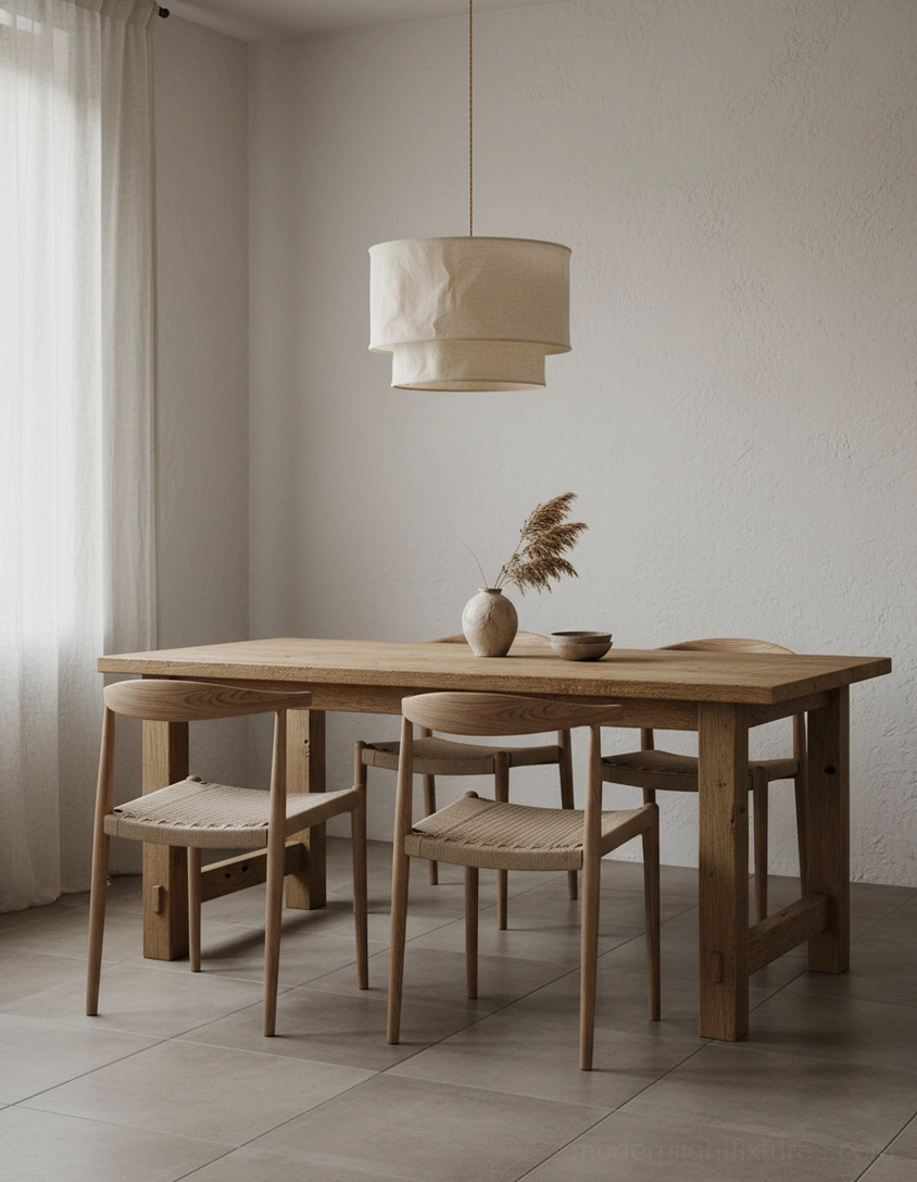 Double-layer textured linen pendant light in Japandi style dining room with natural wood furniture