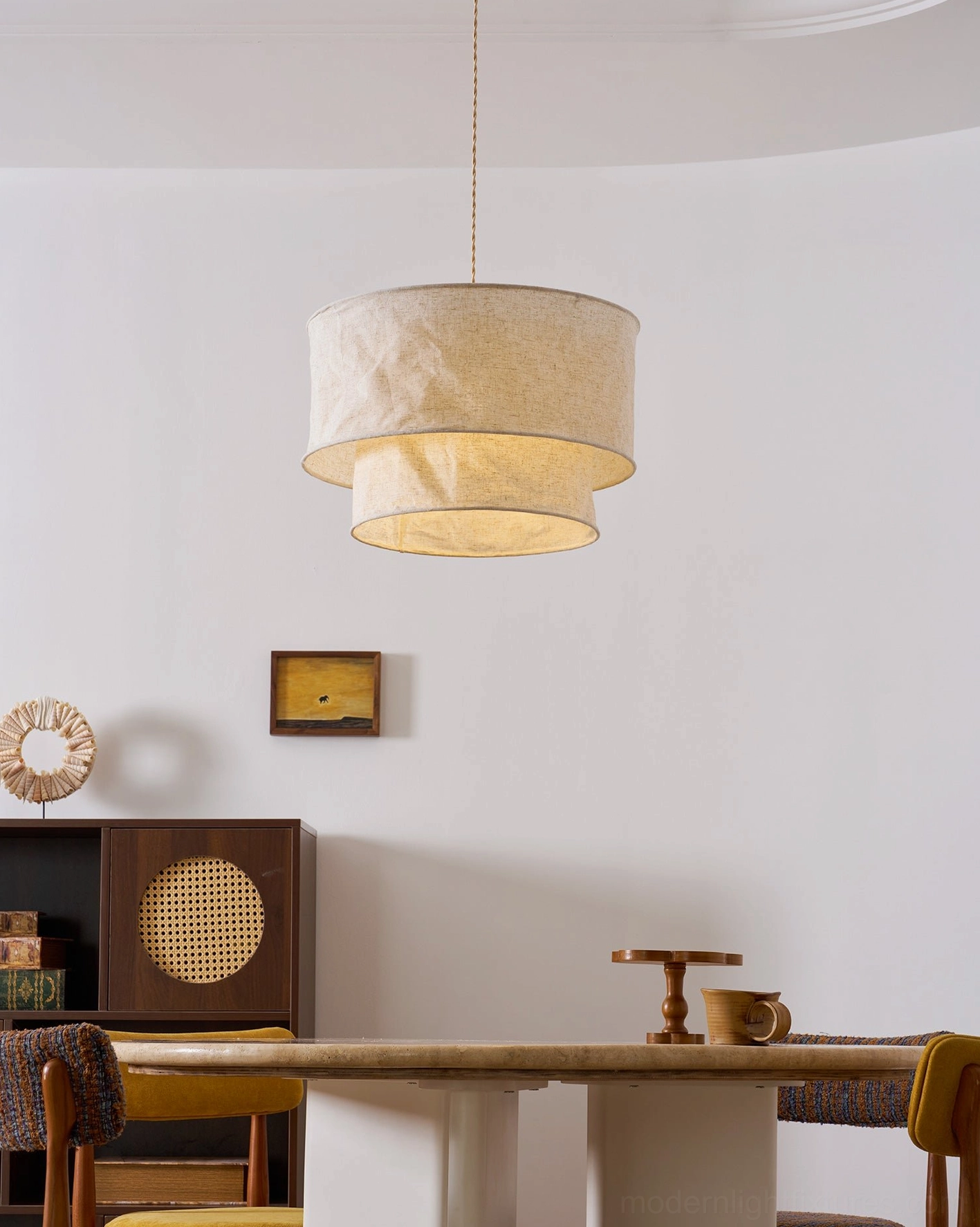 Two-tier linen fabric pendant shade with off-white finish in sophisticated interior lighting design