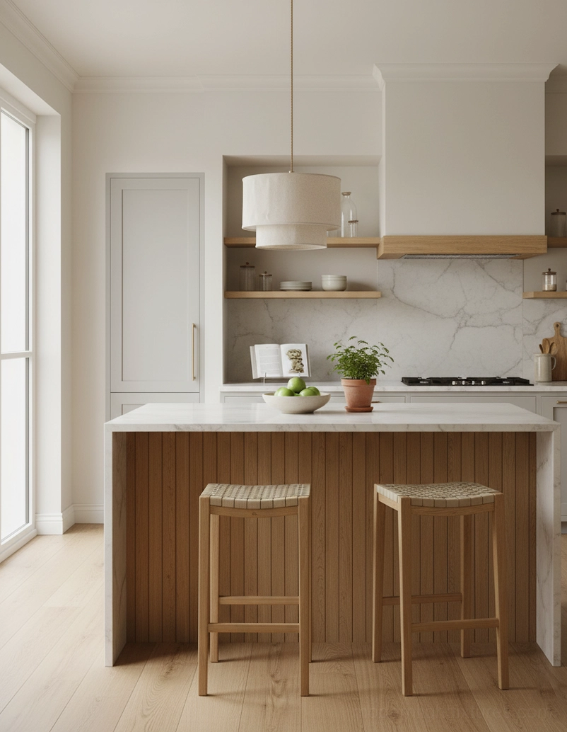 Crumpled linen fabric pendant shade over modern kitchen island with light wood and white cabinet design