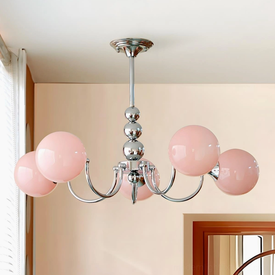 5-head Marielle chandelier in blush pink, intimate room setting with retro glamour aesthetic