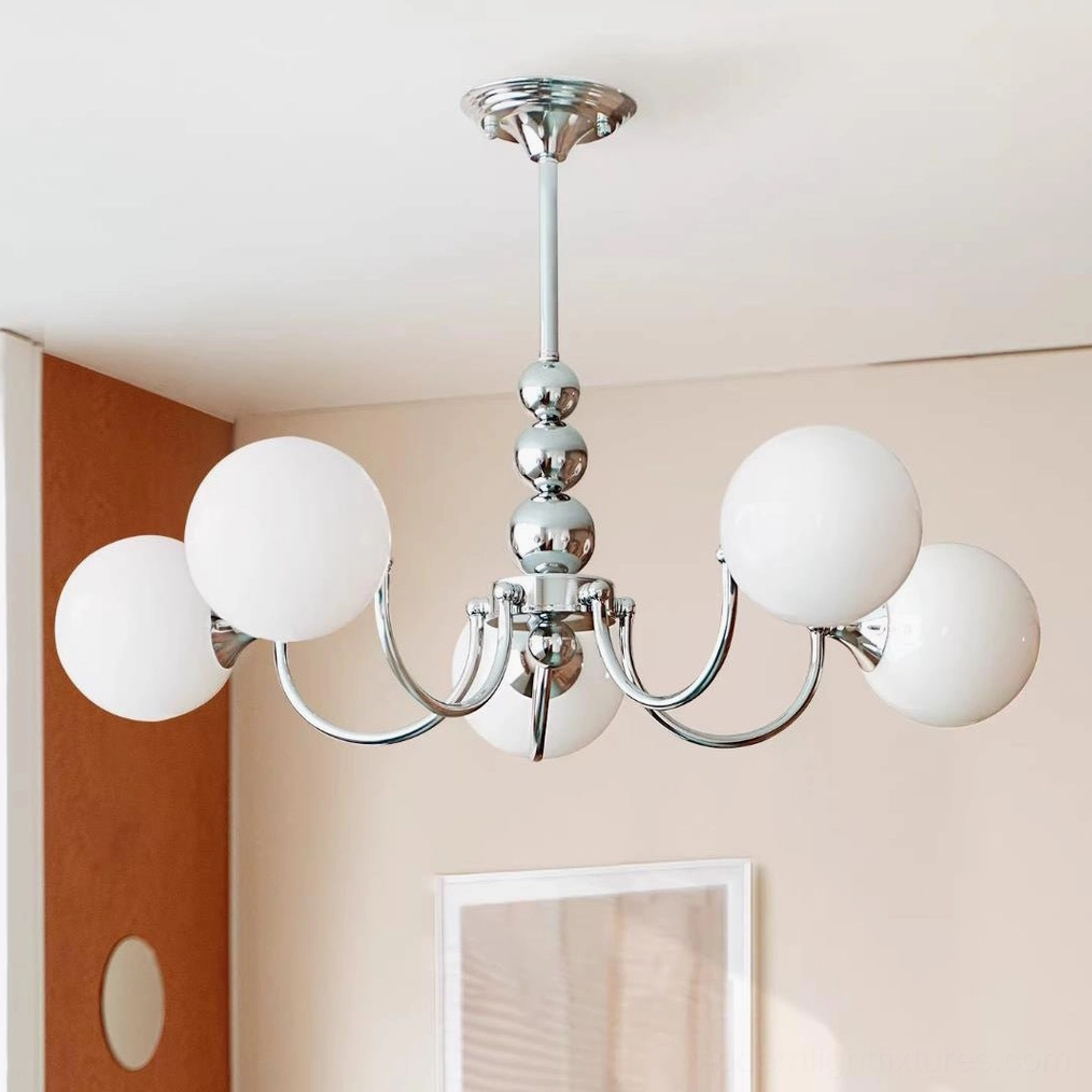 5-head Marielle white globe chandelier overhead bedroom installation, elegant soft lighting