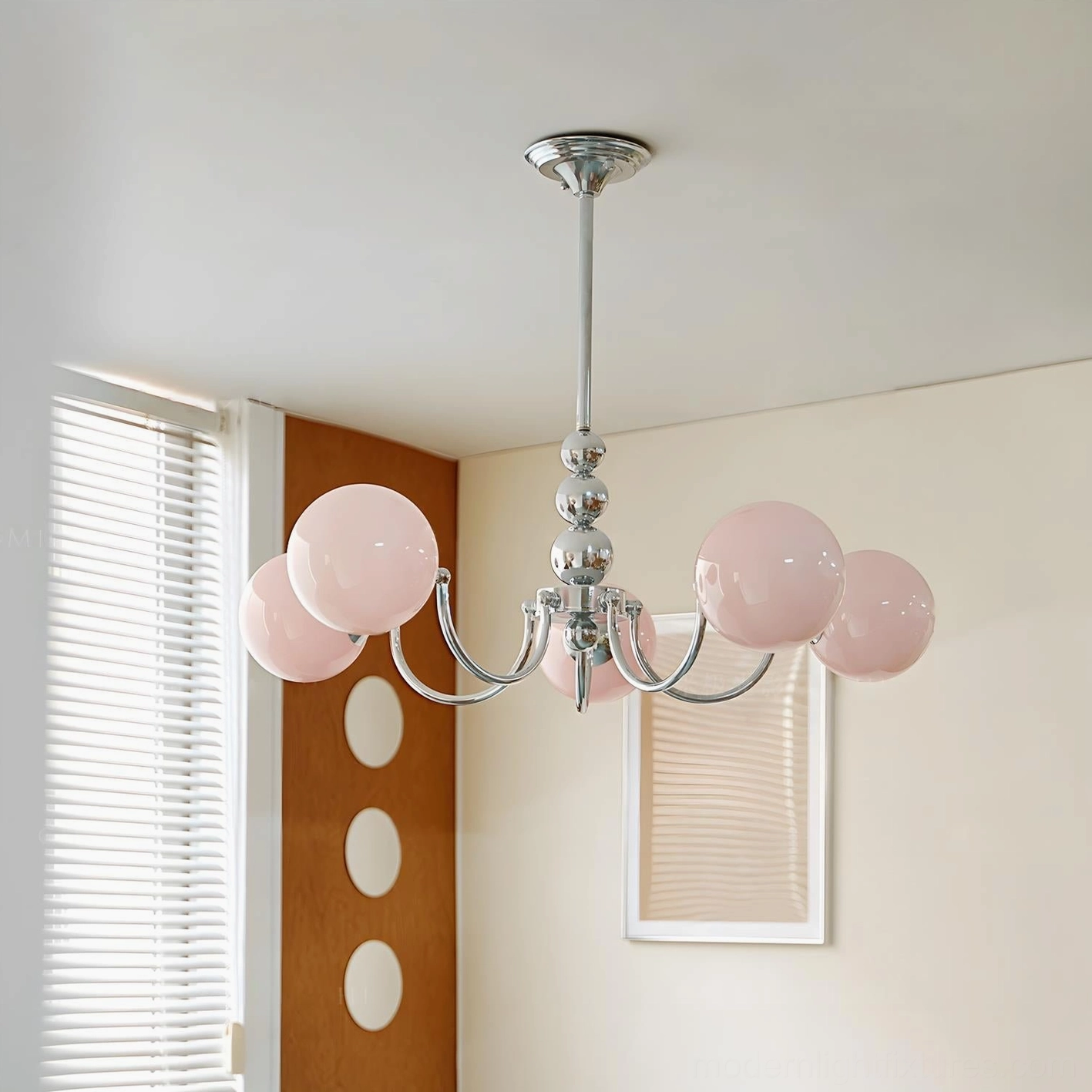 Marielle mid-century modern chandelier featuring sculptural globe shades and tiered central stem design detail