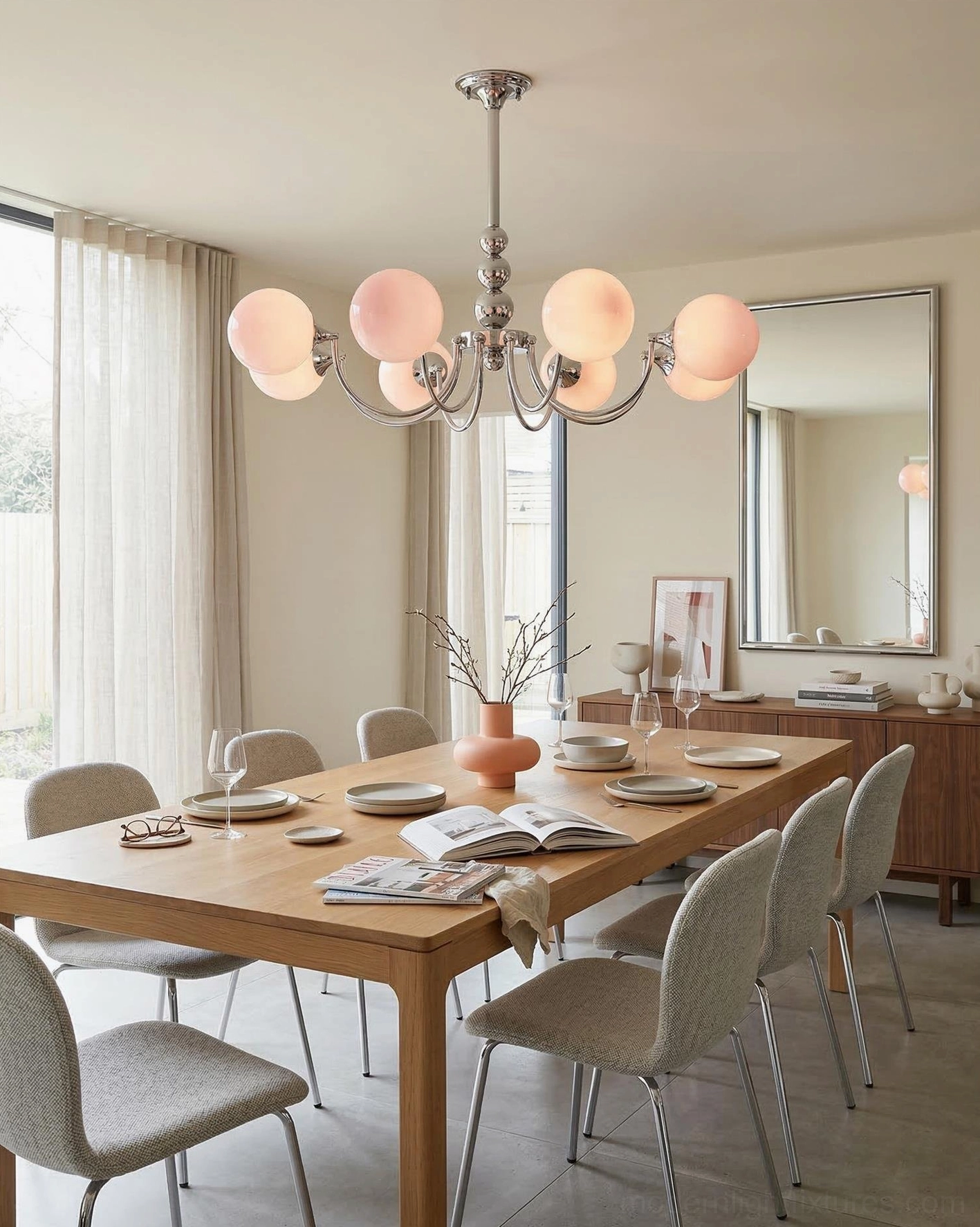 Dual-tone pink and white globe chandelier in minimalist formal dining room with polished chrome finish