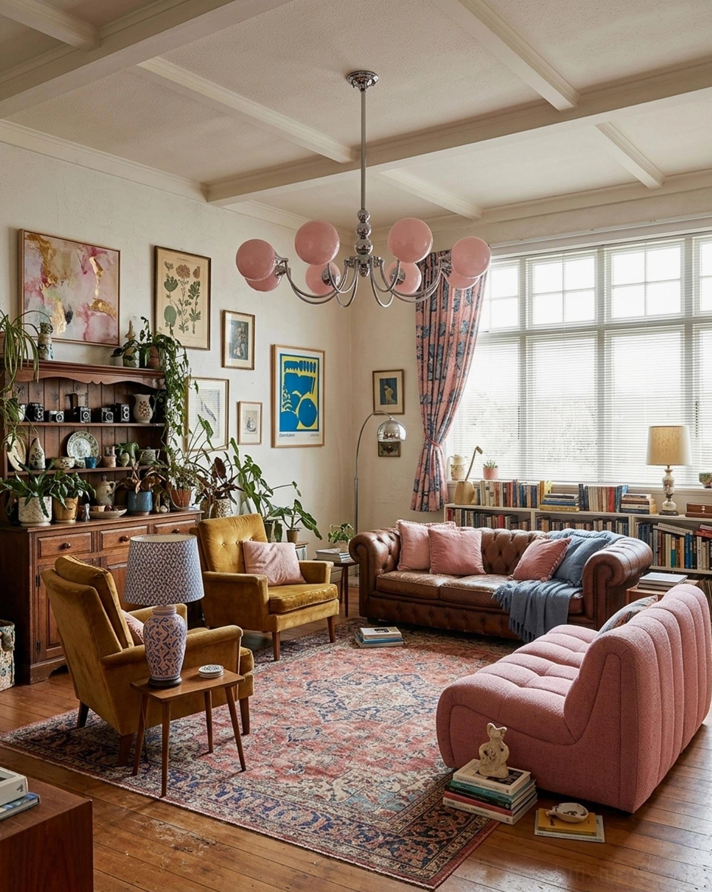 Pink globe chandelier in vintage eclectic living room with area rug and retro furniture, high overhead view
