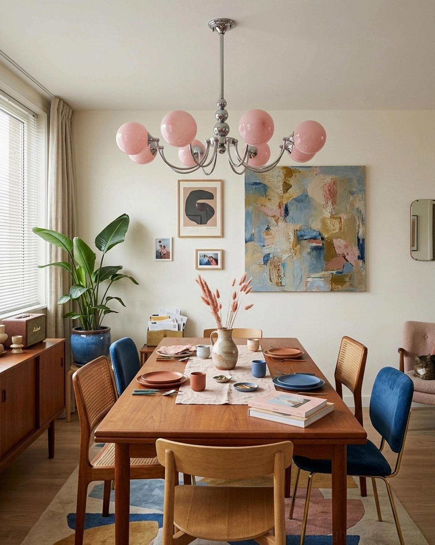 Pink globe chandelier in cozy family dining space with gallery wall and wooden decorative elements