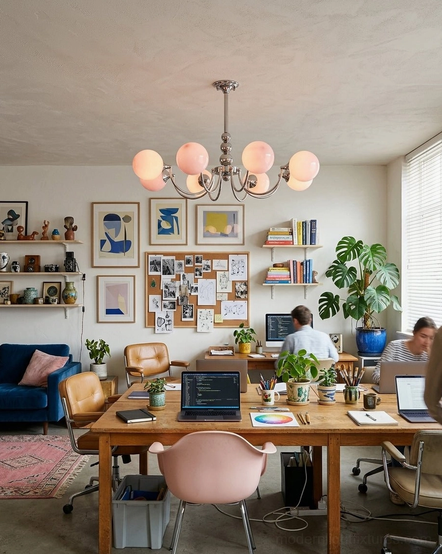 Pink globe chandelier in shared home coworking space with multi-person workstation and wall decor