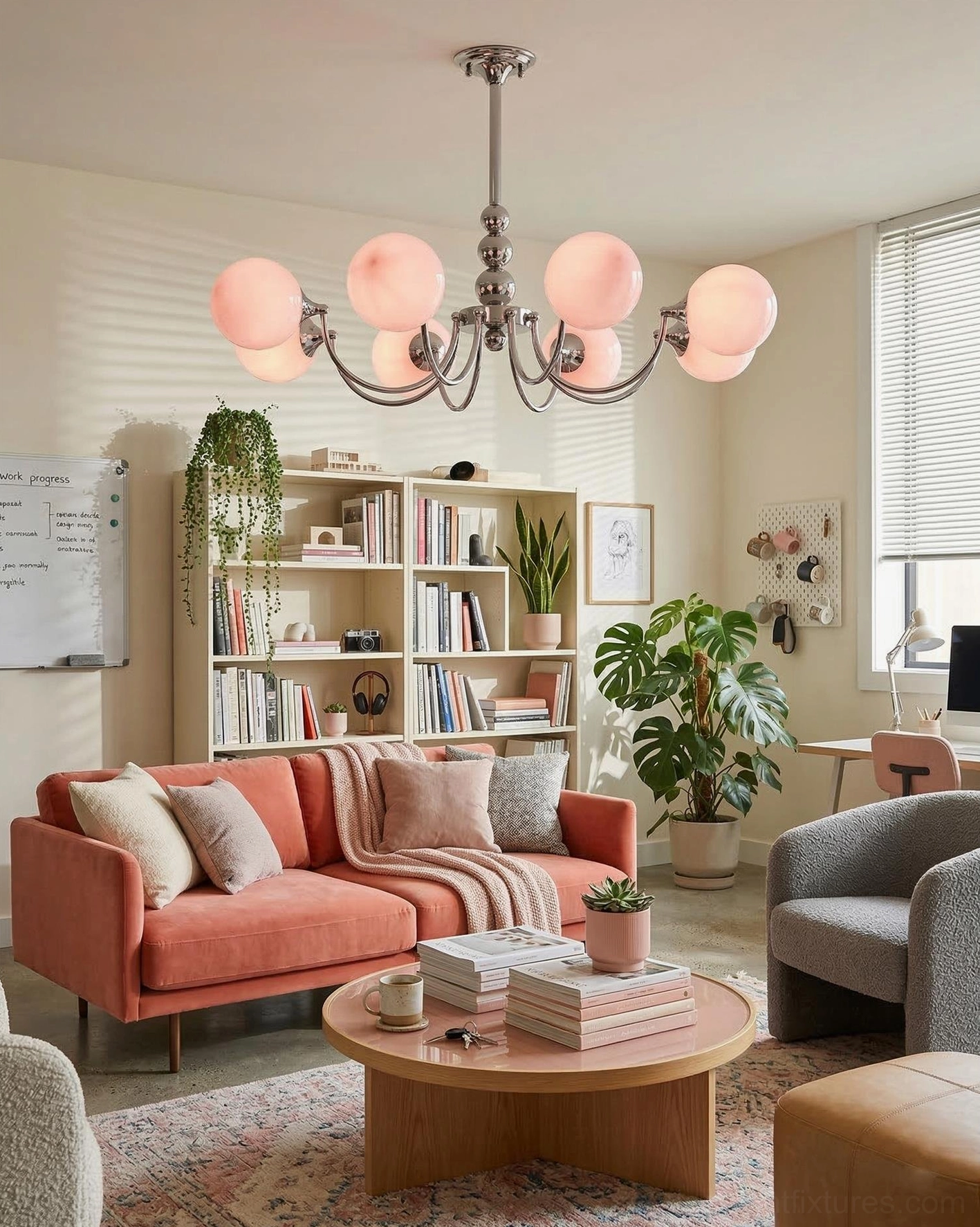Pink globe chandelier in cozy living room with terracotta sofa, indoor plants and bookshelves