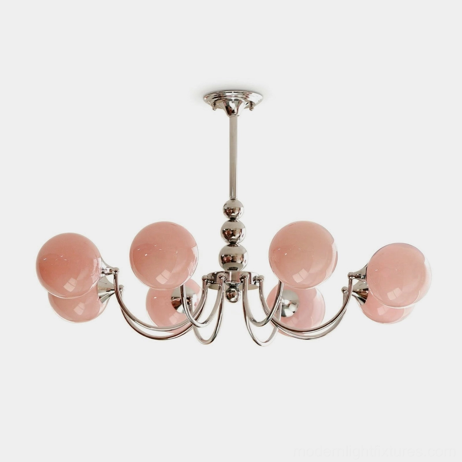 Marielle mid-century modern chandelier with pink globe shades and polished chrome frame, front studio view