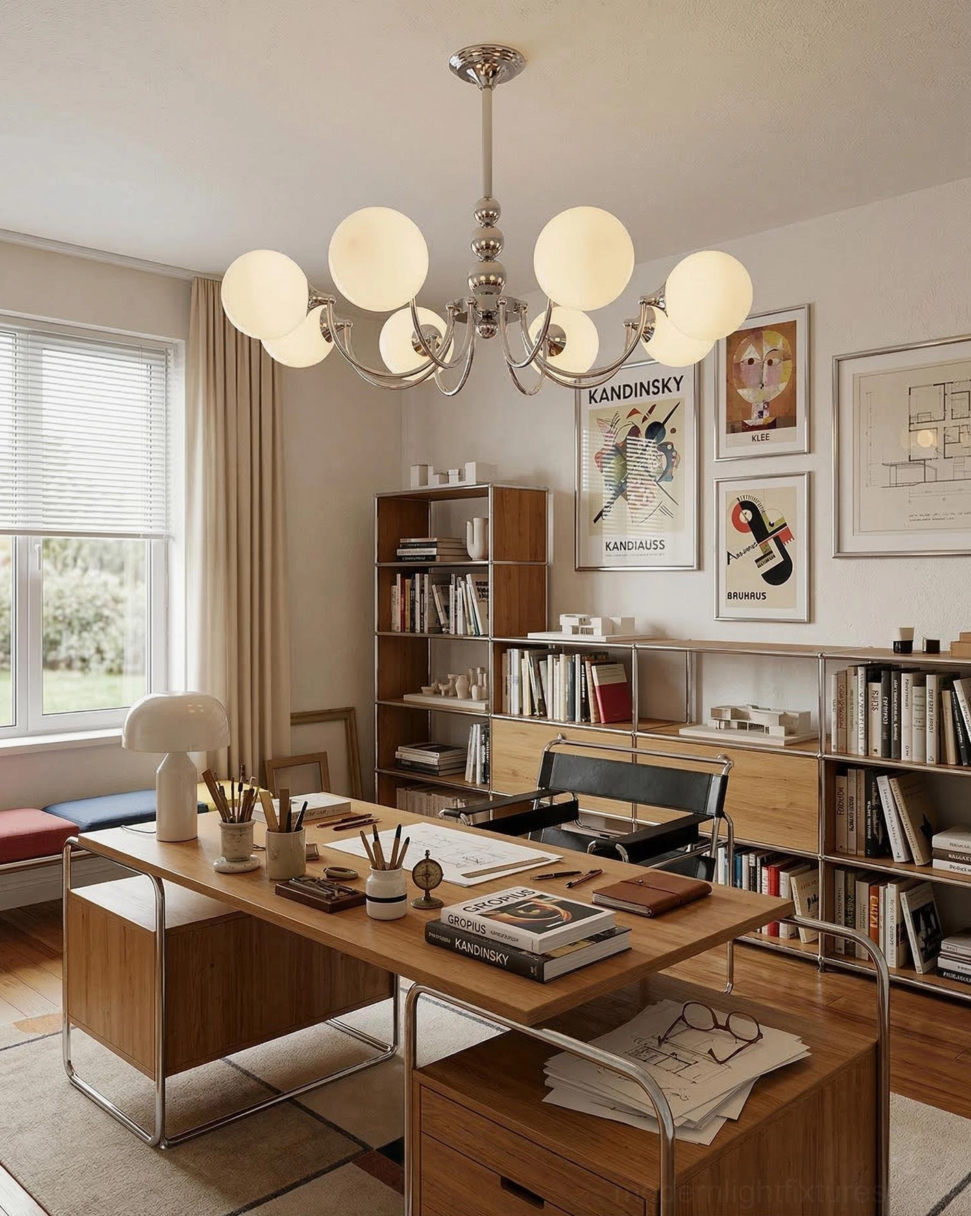 White globe mid-century chandelier lighting home office with wooden desk and warm neutral decor