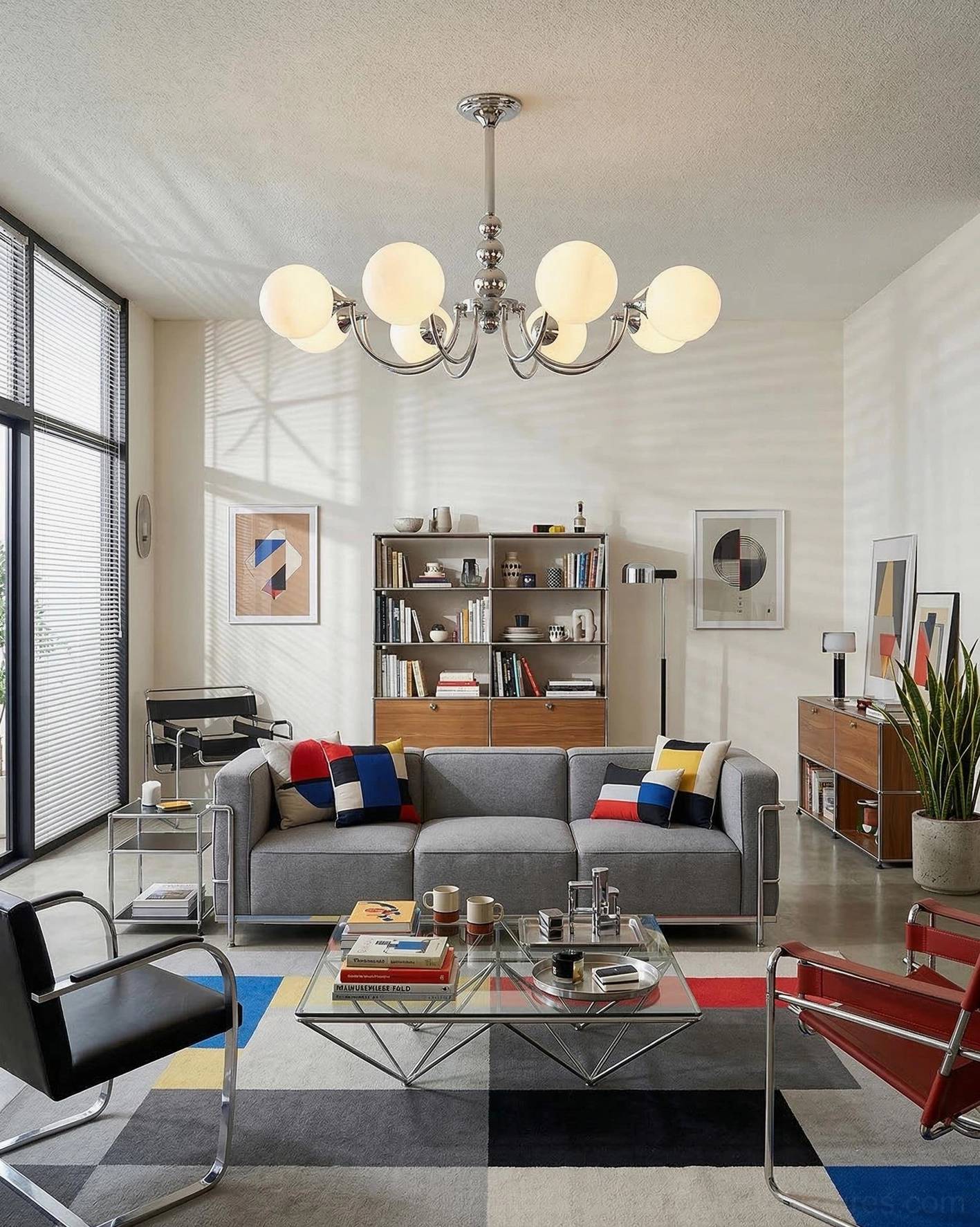White opal globe chandelier with minimalist design in modern grey-toned living space, overhead view