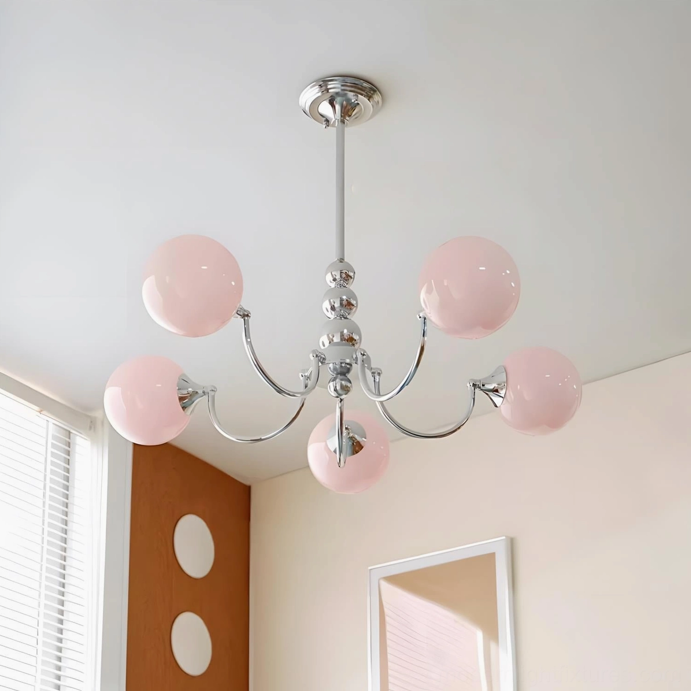 White globe chandelier with polished chrome metal frame and tiered central stem decorative accent