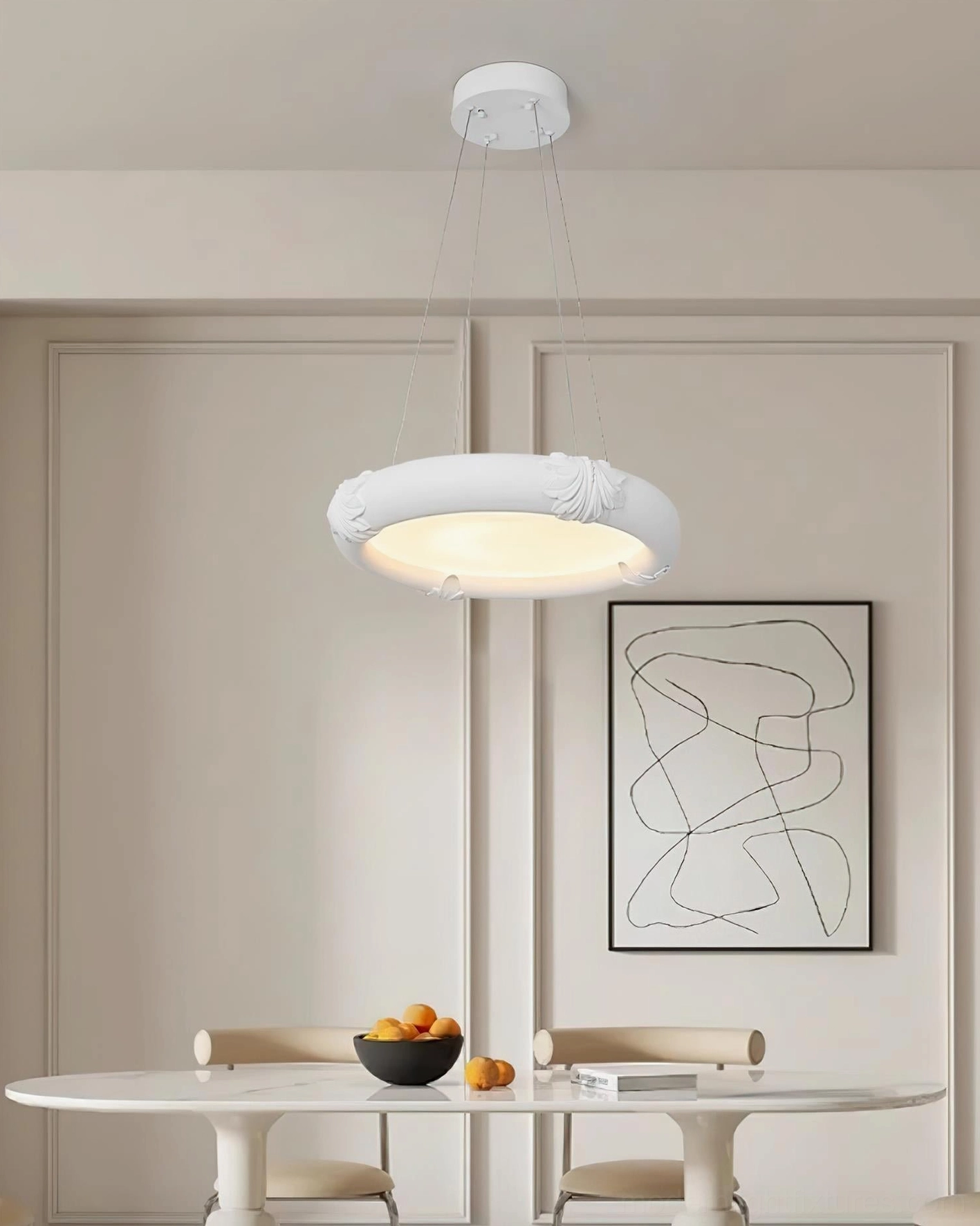 Contemporary white plaster pendant chandelier in cream-toned minimalist dining area