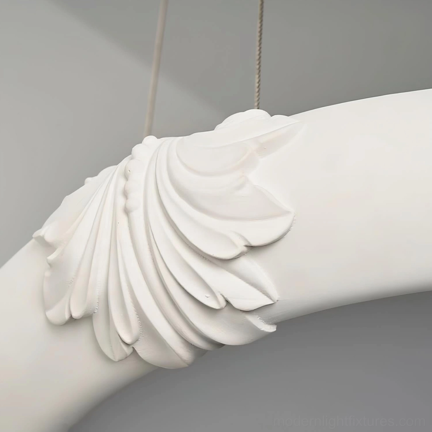 Marika white plaster pendant in elegant interior with sheer window natural light