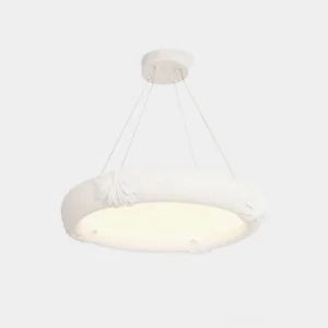 Marika white plaster shell relief pendant chandelier studio front view