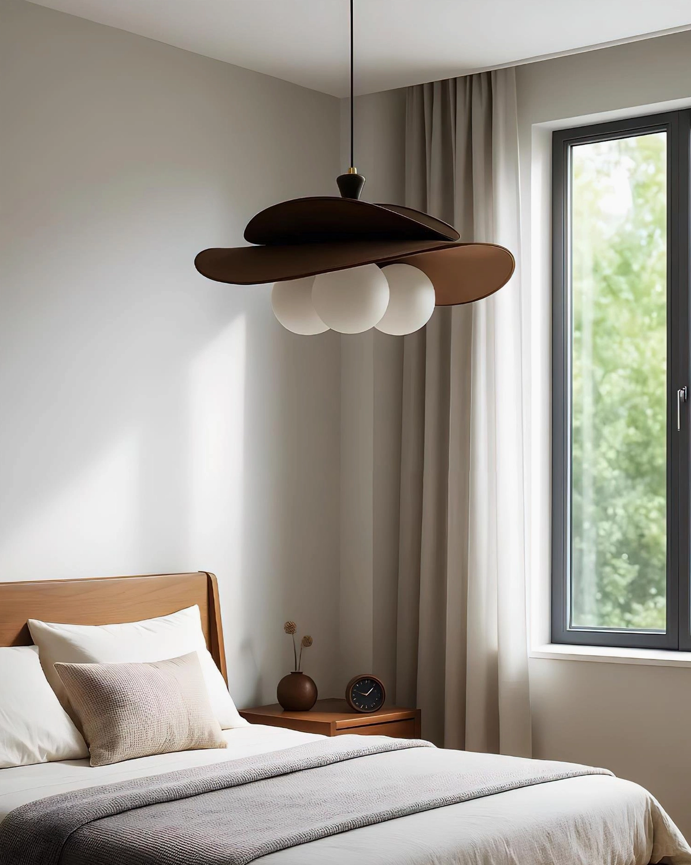 Marilo nature-inspired pendant fixture in minimalist bedroom with layered brown shade and soft globe illumination
