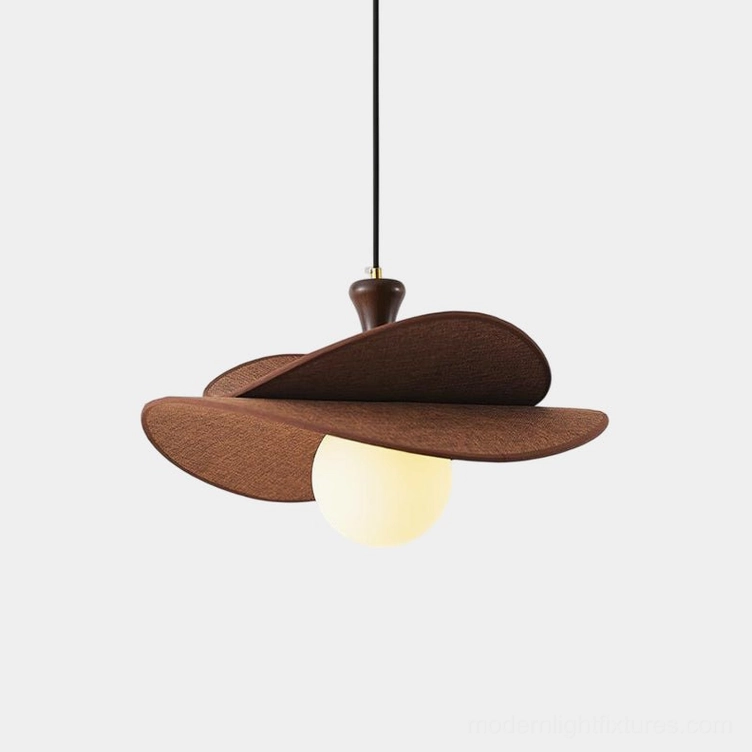 Marilo organic pendant lamp with brown layered shade and single opal globe bulb, overhead view