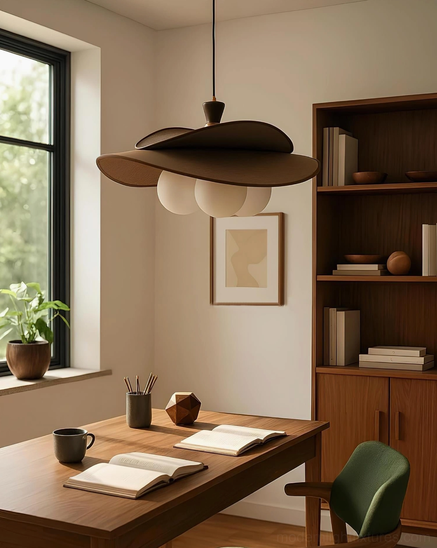Marilo pendant lamp installed in modern Japanese home study with wood accents and three globe lights