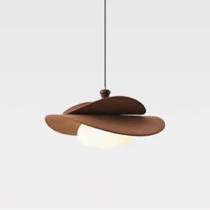 Marilo sculptural pendant light with three globe bulbs and layered brown fabric shade, top-down perspective