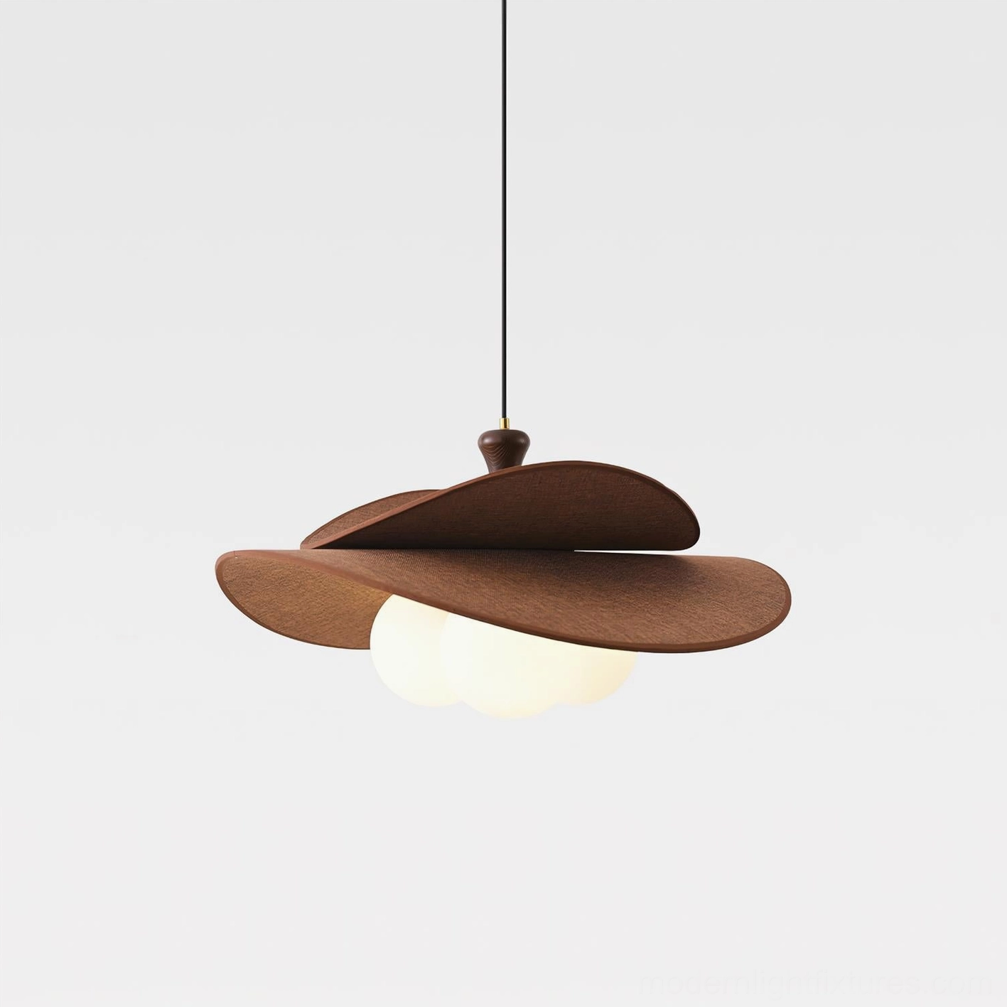 Marilo sculptural pendant light with three globe bulbs and layered brown fabric shade, top-down perspective