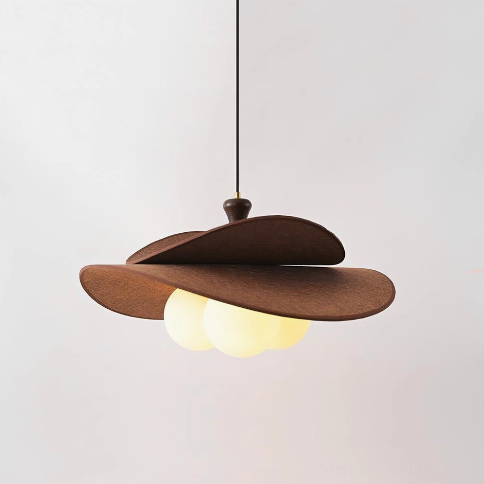 Marilo sculptural pendant lamp with three milky white globe bulbs and compact brown layered shade design