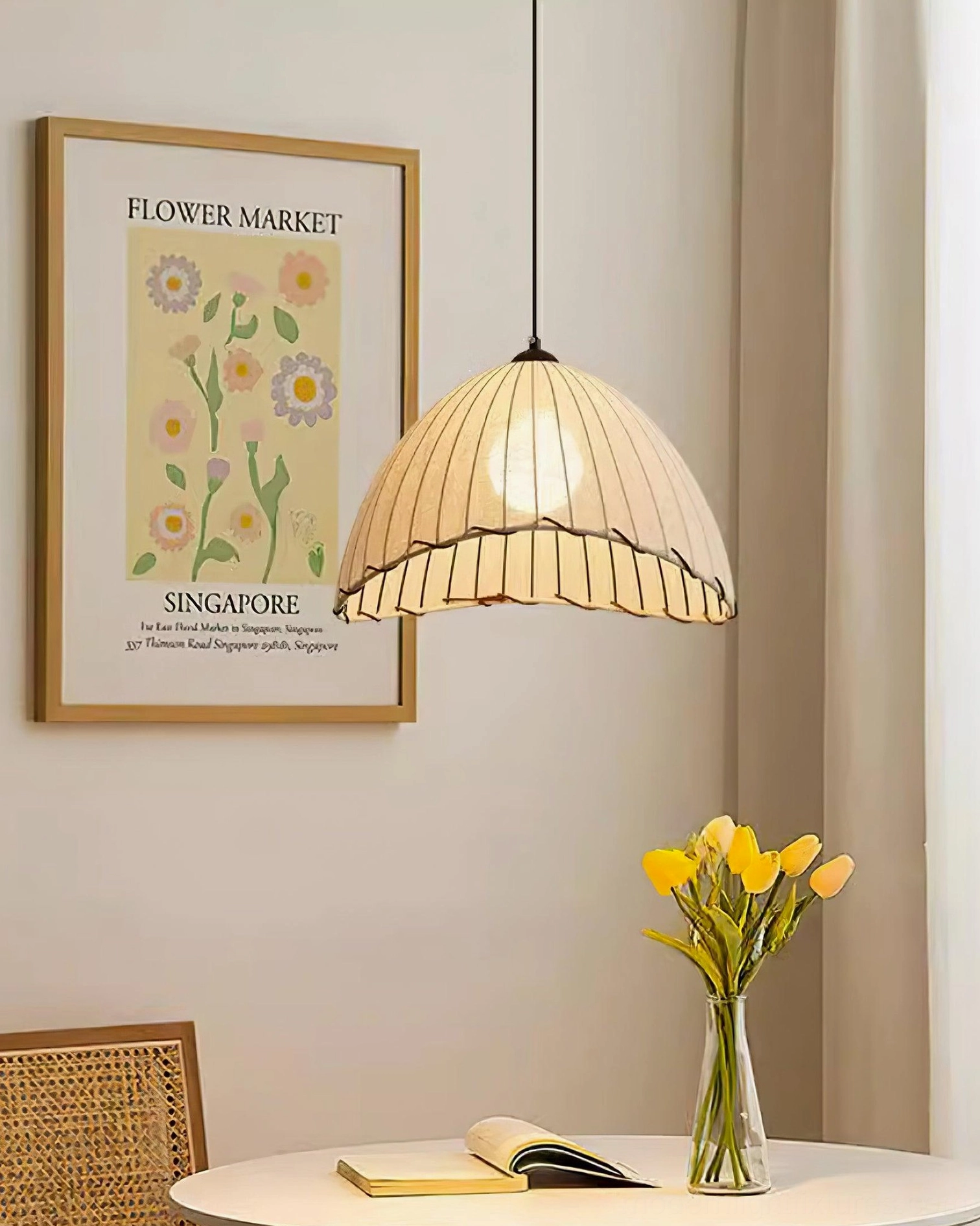 Maris pleated pendant light installed in warm wood-toned transitional dining interior