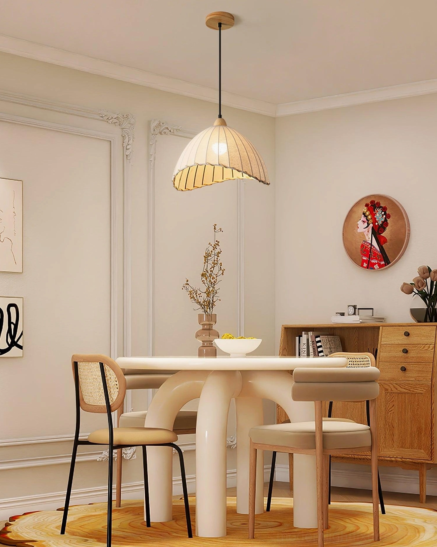 Maris pleated linen pendant lamp with adjustable wire in modern dining room setting