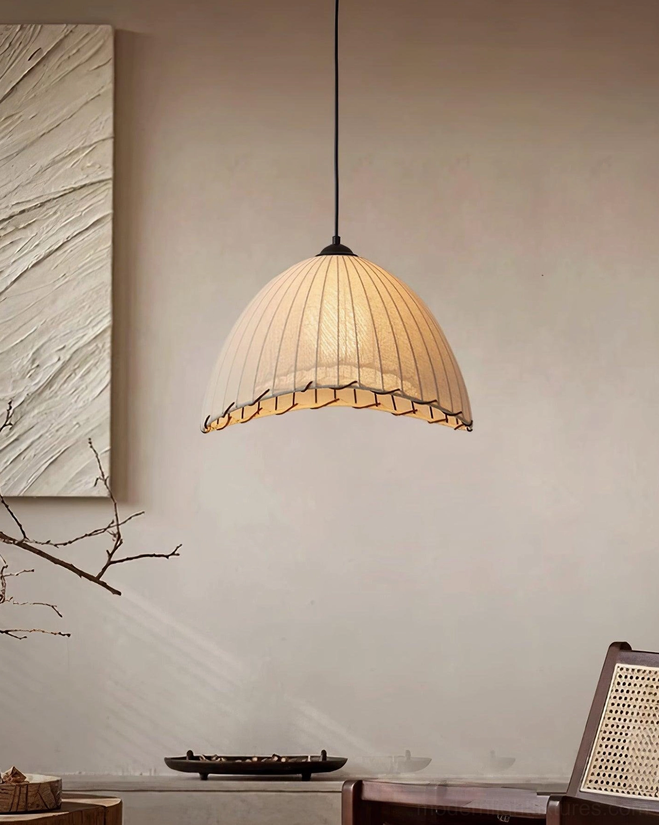 Maris pleated linen pendant light size comparison and color options display