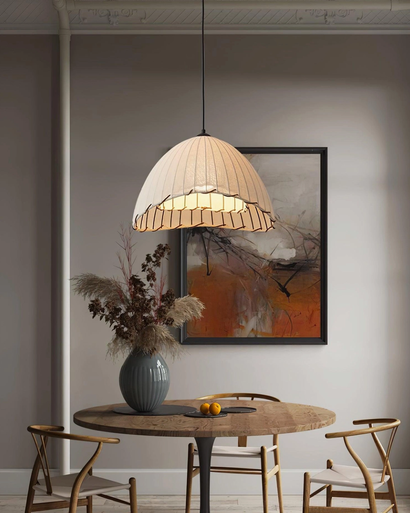 Contemporary pleated fabric pendant light with white linen shade in minimalist home decor