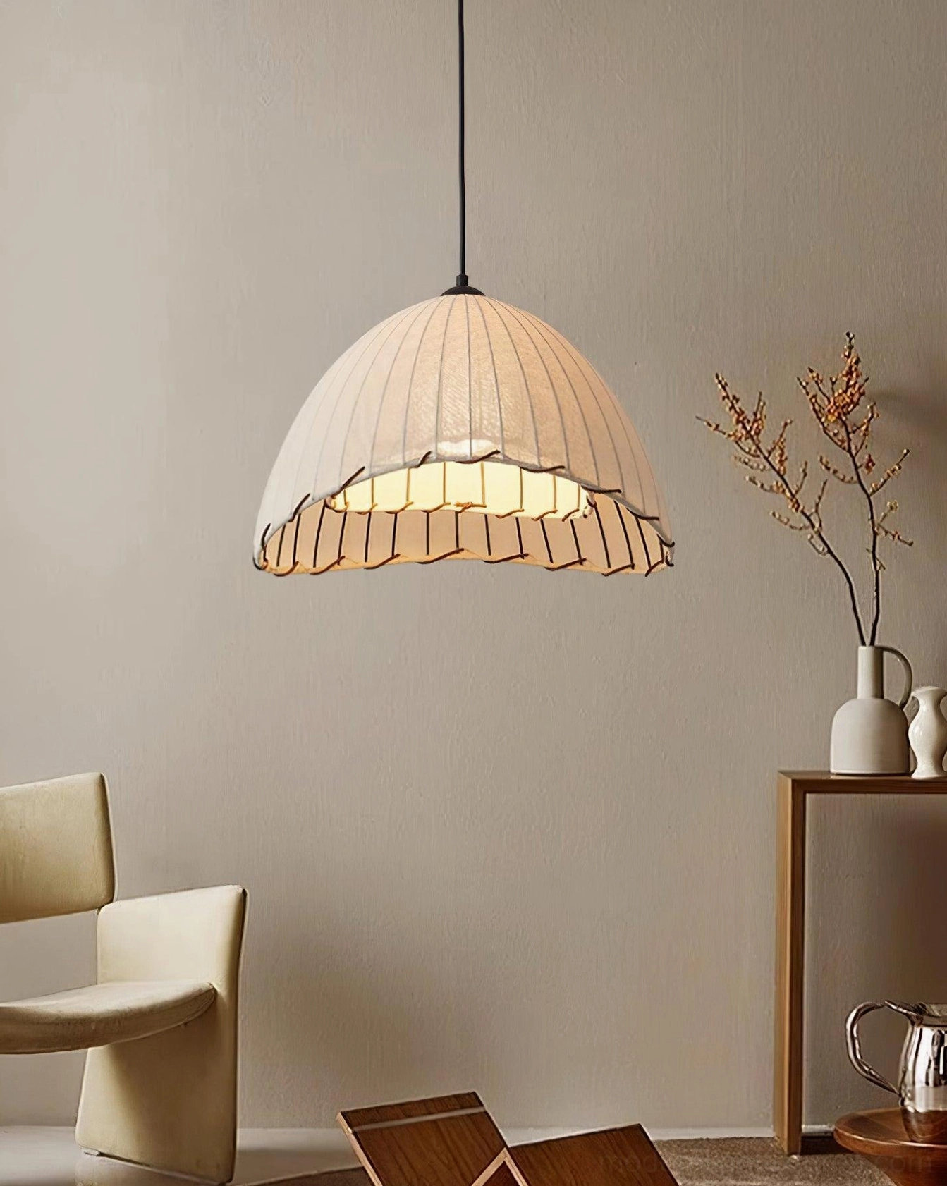 Maris pendant lamp with ribbed linen shade in farmhouse rustic modern interior