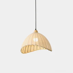 Maris pleated fabric pendant light with white linen shade and scalloped trim, overhead studio view showcasing contemporary design