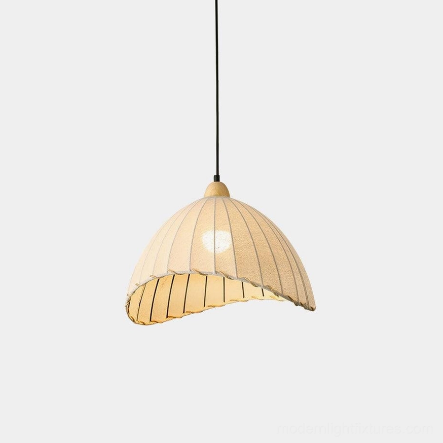 Maris pleated fabric pendant light with white linen shade and scalloped trim, overhead studio view showcasing contemporary design