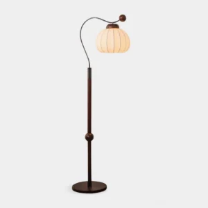 Marisa arc floor lamp with white pumpkin shade and dark walnut wood pole - front view studio shot