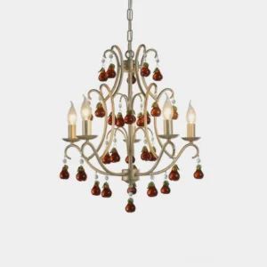 Maristelle 5-light candle chandelier with antique silver metal frame and faceted crystal glass drops, front studio view