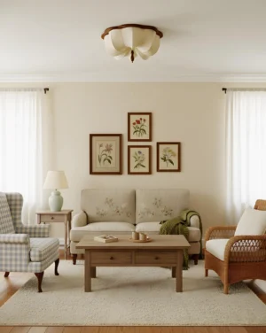Marivelle flush mount ceiling lamp installed in traditional farmhouse living room with cream sofa, wooden coffee table, and botanical wall art