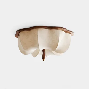 Marivelle scalloped petal ceiling light fixture with floral fabric pattern and warm wooden canopy - top-down close-up studio view