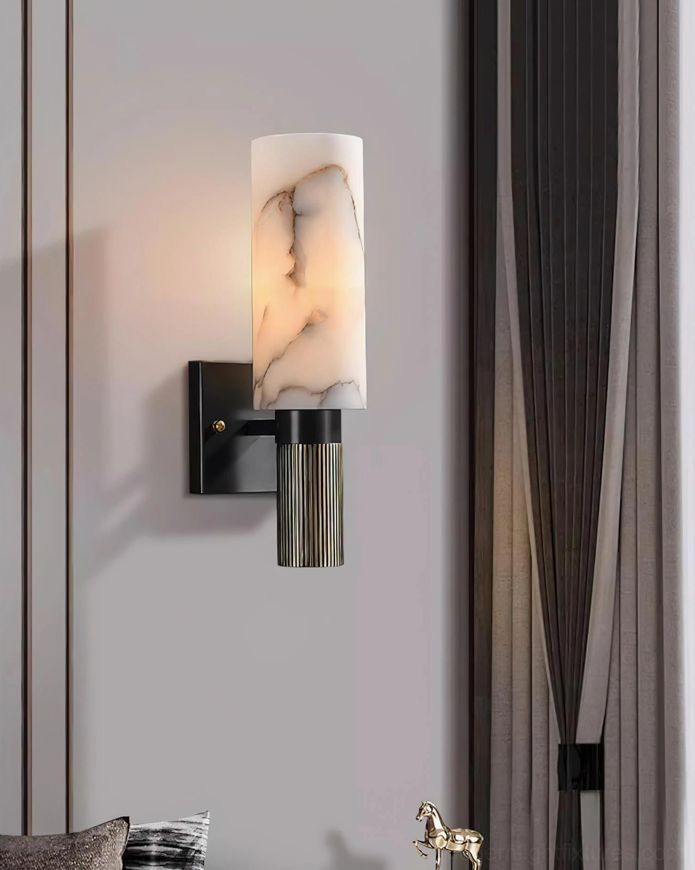 Contemporary alabaster wall lamp ambient lighting in upscale bedroom setting
